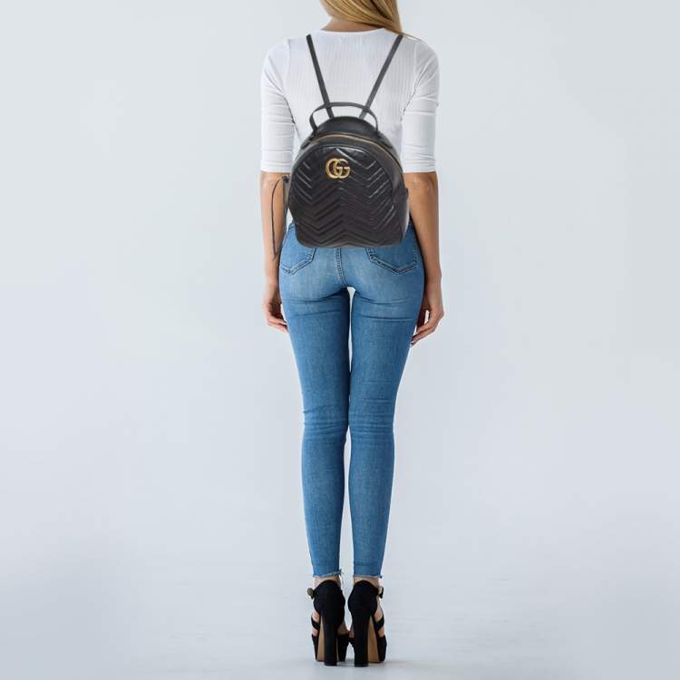 Pre Owned Gucci Black Matelasse Leather GG Marmont Backpack