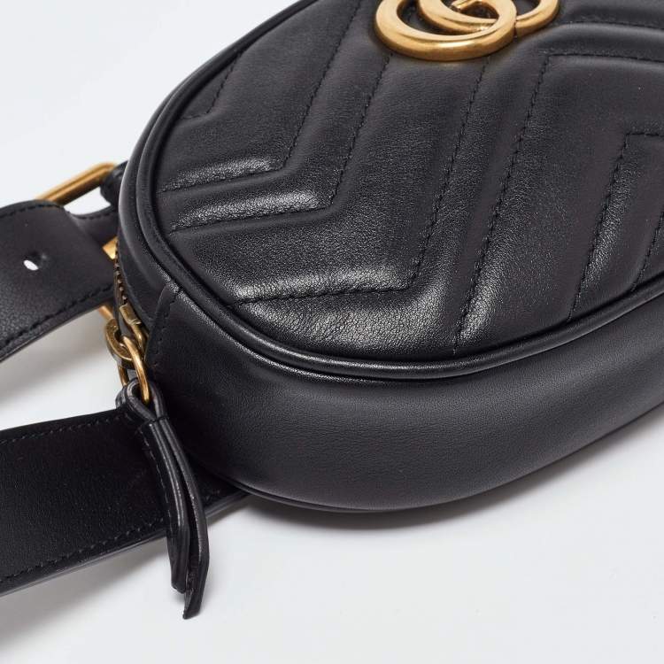 Pre Owned Gucci Black Matelassé Leather Mini GG Marmont Belt Bag