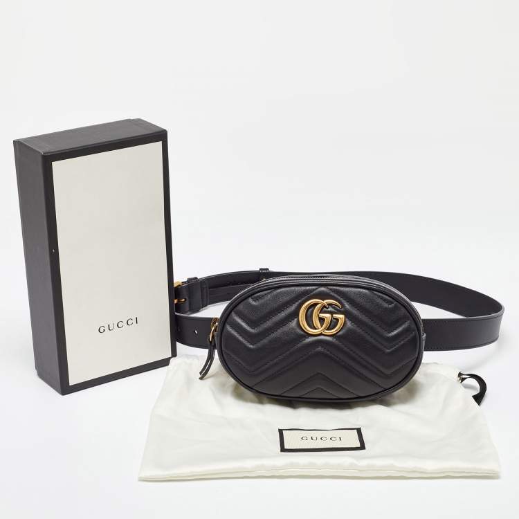 Pre Owned Gucci Black Matelassé Leather Mini GG Marmont Belt Bag