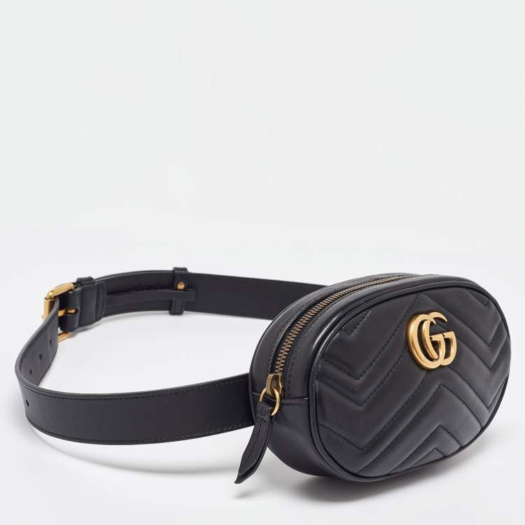 Pre Owned Gucci Black Matelassé Leather Mini GG Marmont Belt Bag