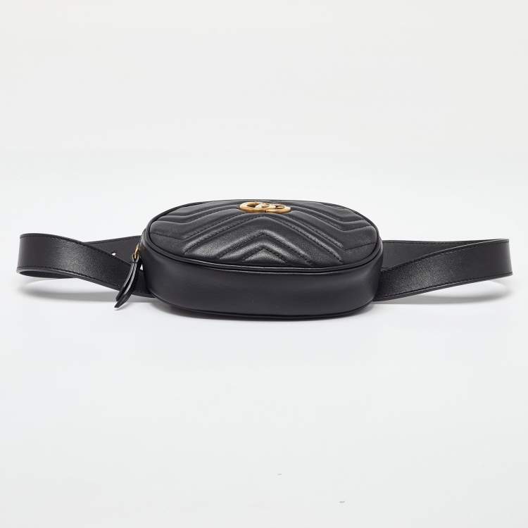 Pre Owned Gucci Black Matelassé Leather Mini GG Marmont Belt Bag