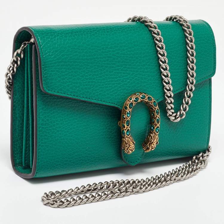 Pre Owned Gucci Green Leather Dionysus Wallet on Chain