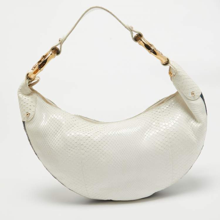 Pre Owned Gucci White Python and Beads Bamboo Ring Hobo