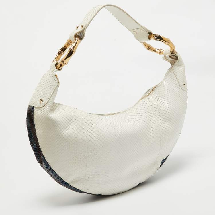 Pre Owned Gucci White Python and Beads Bamboo Ring Hobo