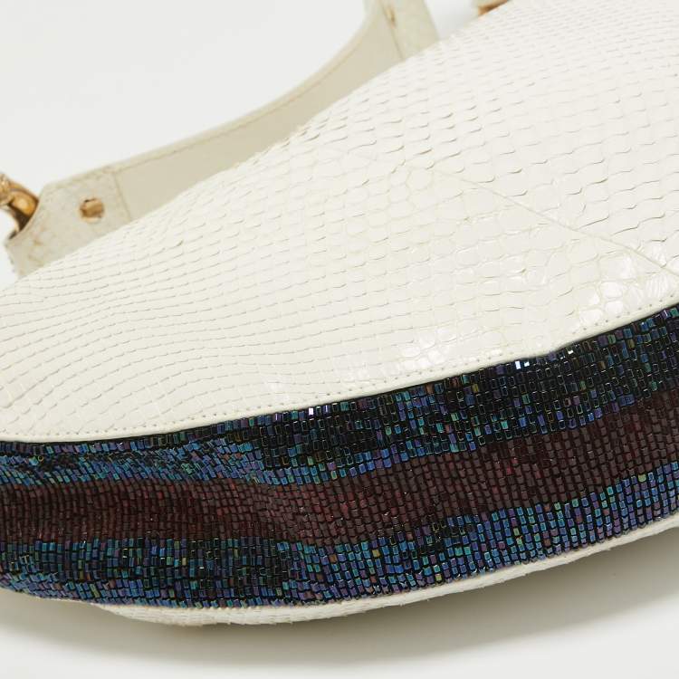 Pre Owned Gucci White Python and Beads Bamboo Ring Hobo