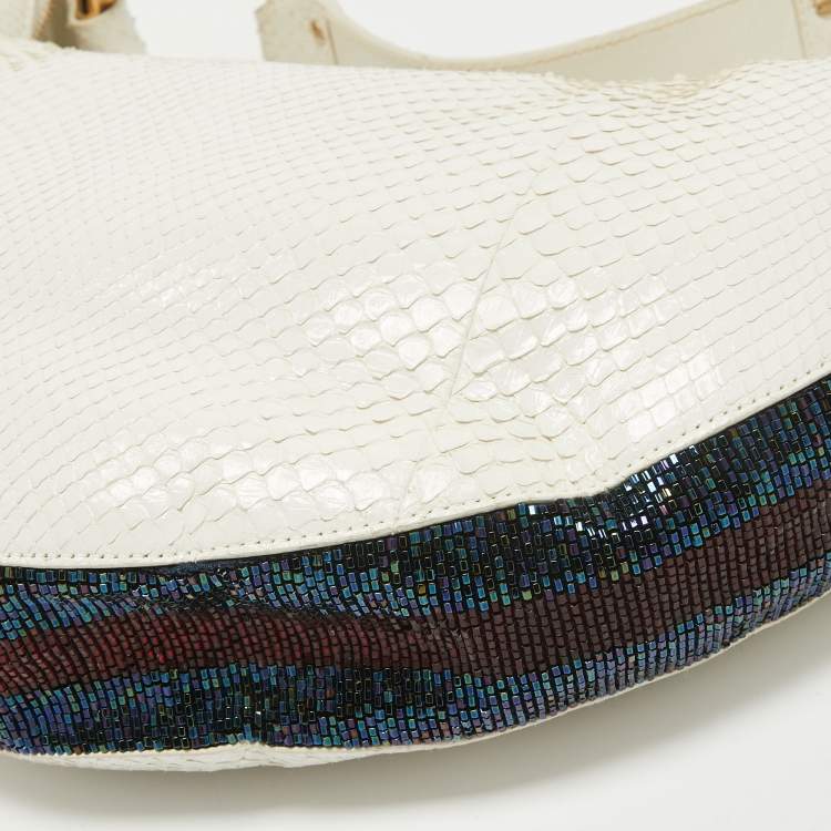 Pre Owned Gucci White Python and Beads Bamboo Ring Hobo