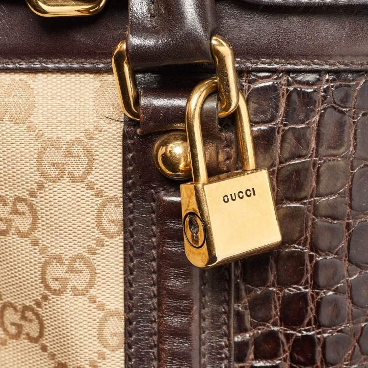 Pre Owned Gucci Beige/Brown GG Canvas, Crocodile and Leather Secret Tote