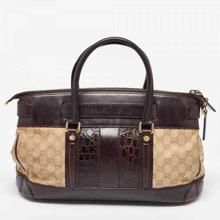 Pre Owned Gucci Beige/Brown GG Canvas, Crocodile and Leather Secret Tote