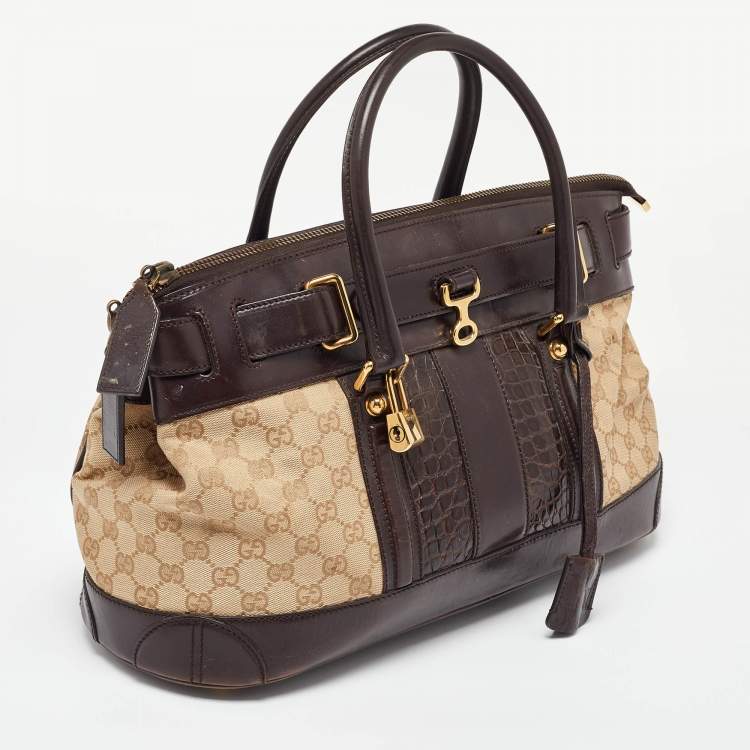 Pre Owned Gucci Beige/Brown GG Canvas, Crocodile and Leather Secret Tote