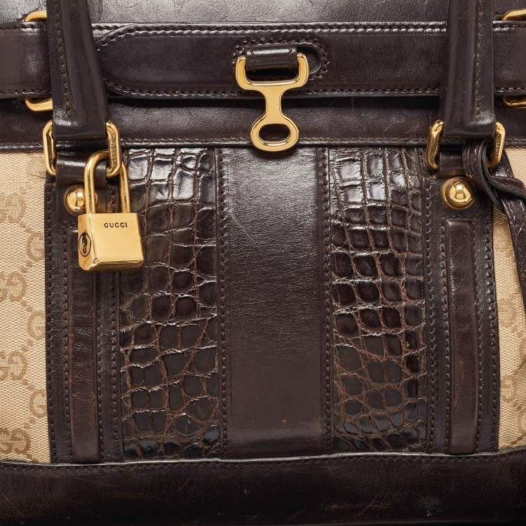 Pre Owned Gucci Beige/Brown GG Canvas, Crocodile and Leather Secret Tote