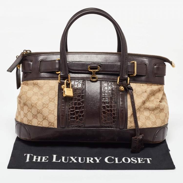 Pre Owned Gucci Beige/Brown GG Canvas, Crocodile and Leather Secret Tote
