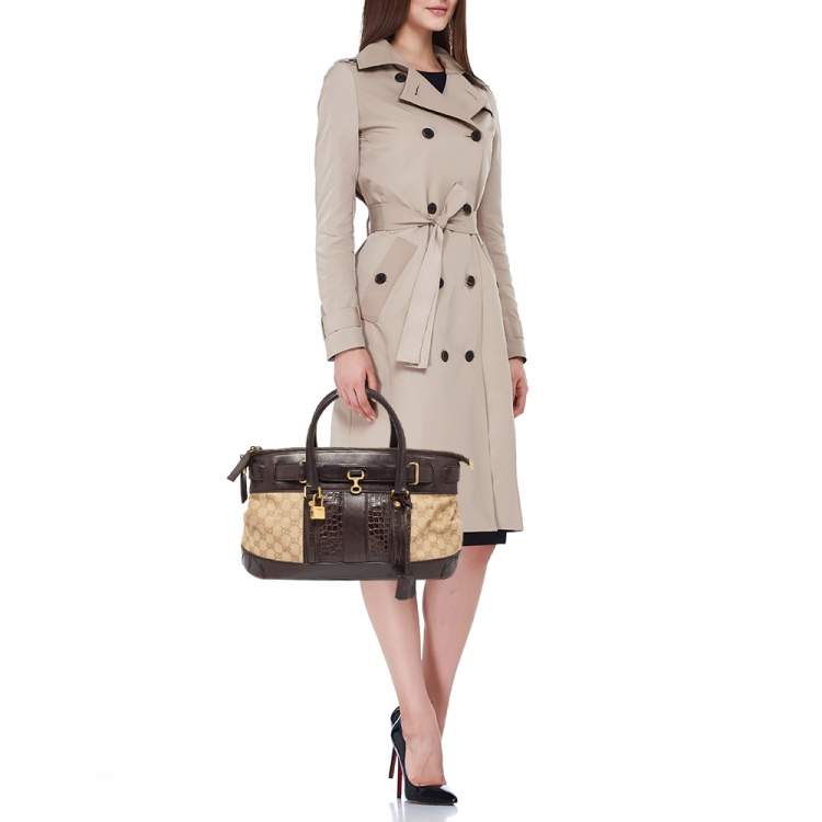 Pre Owned Gucci Beige/Brown GG Canvas, Crocodile and Leather Secret Tote