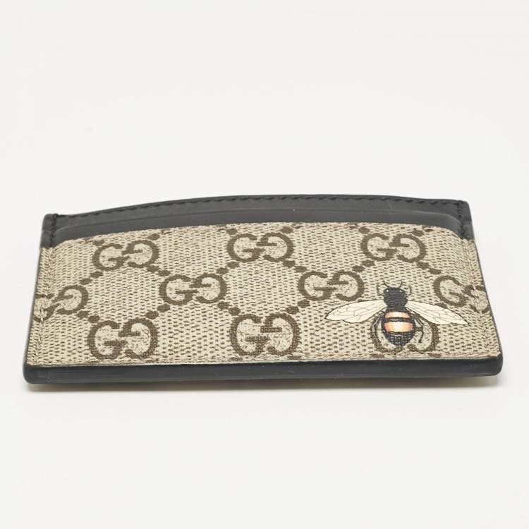 Pre Owned Gucci Beige/Black GG Supreme Canvas and Leather Bee Card Holder  