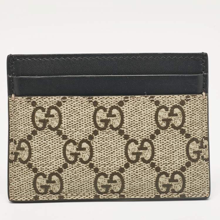 Pre Owned Gucci Beige/Black GG Supreme Canvas and Leather Bee Card Holder  
