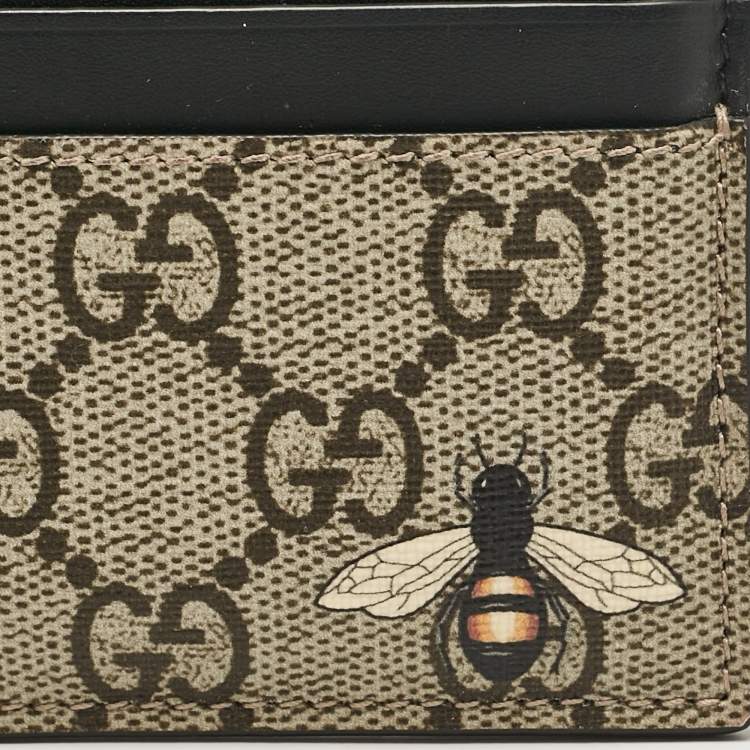 Pre Owned Gucci Beige/Black GG Supreme Canvas and Leather Bee Card Holder  