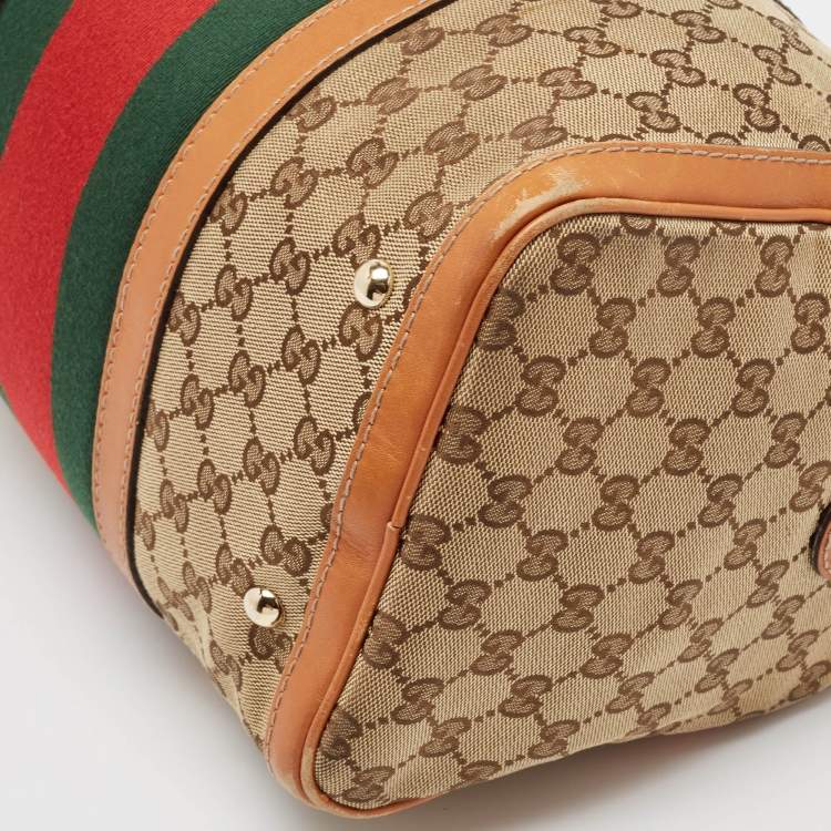 Pre Owned Gucci Tan/Beige GG Canvas Medium Vintage Web Boston Bag