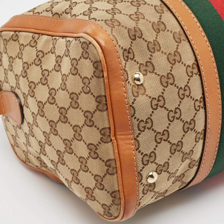 Pre Owned Gucci Tan/Beige GG Canvas Medium Vintage Web Boston Bag