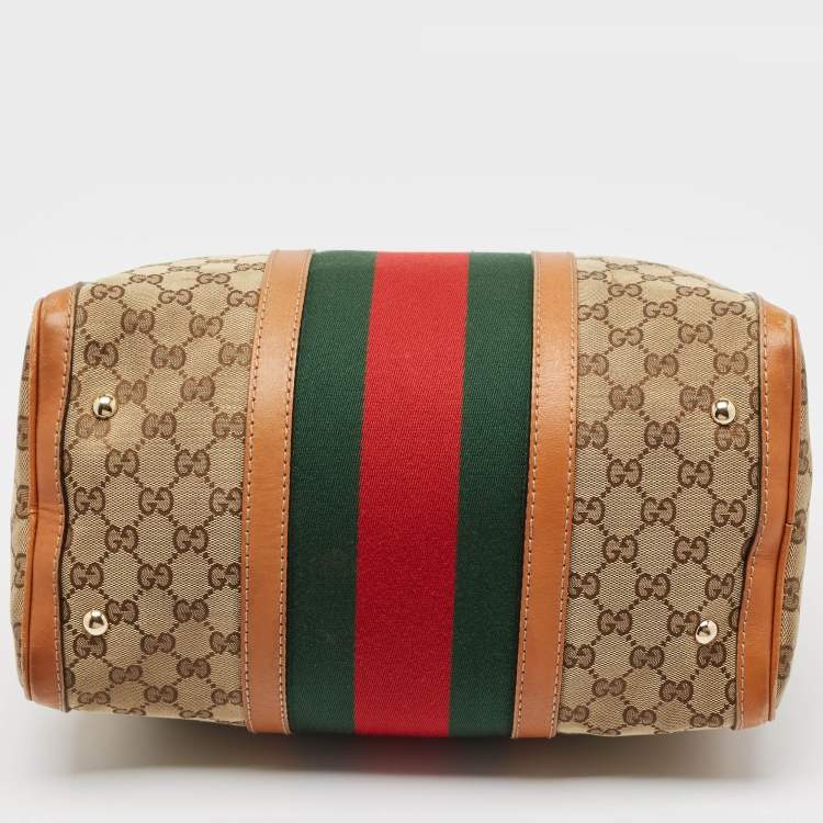 Pre Owned Gucci Tan/Beige GG Canvas Medium Vintage Web Boston Bag