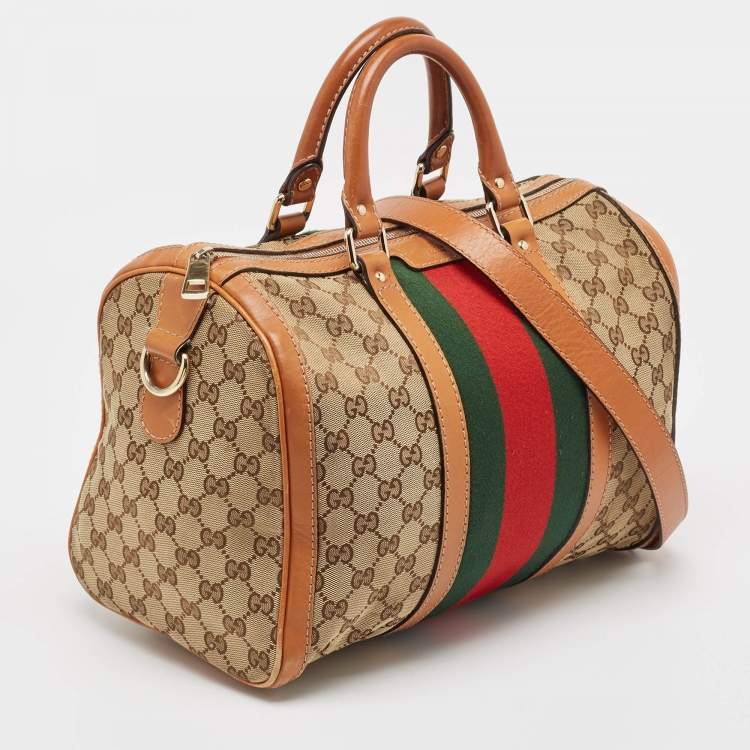 Pre Owned Gucci Tan/Beige GG Canvas Medium Vintage Web Boston Bag