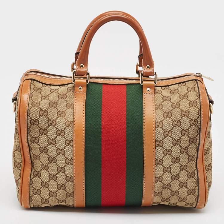 Pre Owned Gucci Tan/Beige GG Canvas Medium Vintage Web Boston Bag