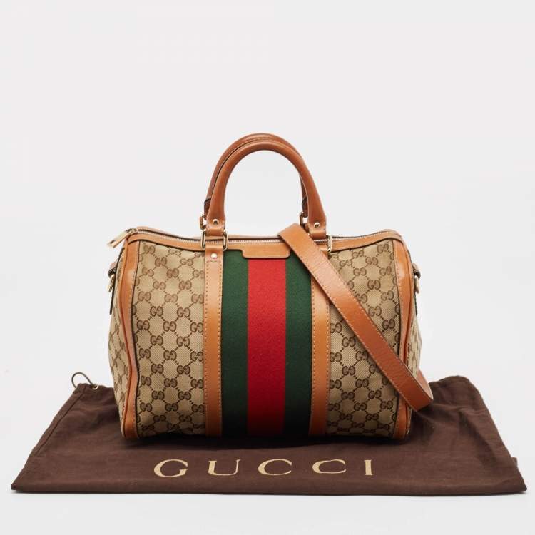 Pre Owned Gucci Tan/Beige GG Canvas Medium Vintage Web Boston Bag