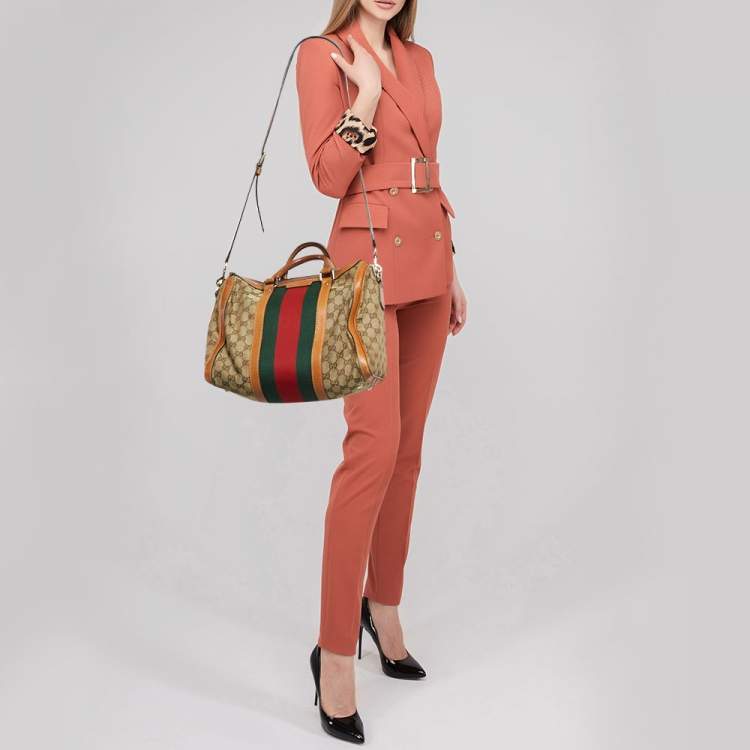 Pre Owned Gucci Tan/Beige GG Canvas Medium Vintage Web Boston Bag