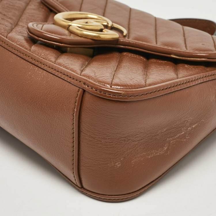 Pre Owned Gucci Brown Matelassé Leather Mini GG Marmont Top Handle Bag