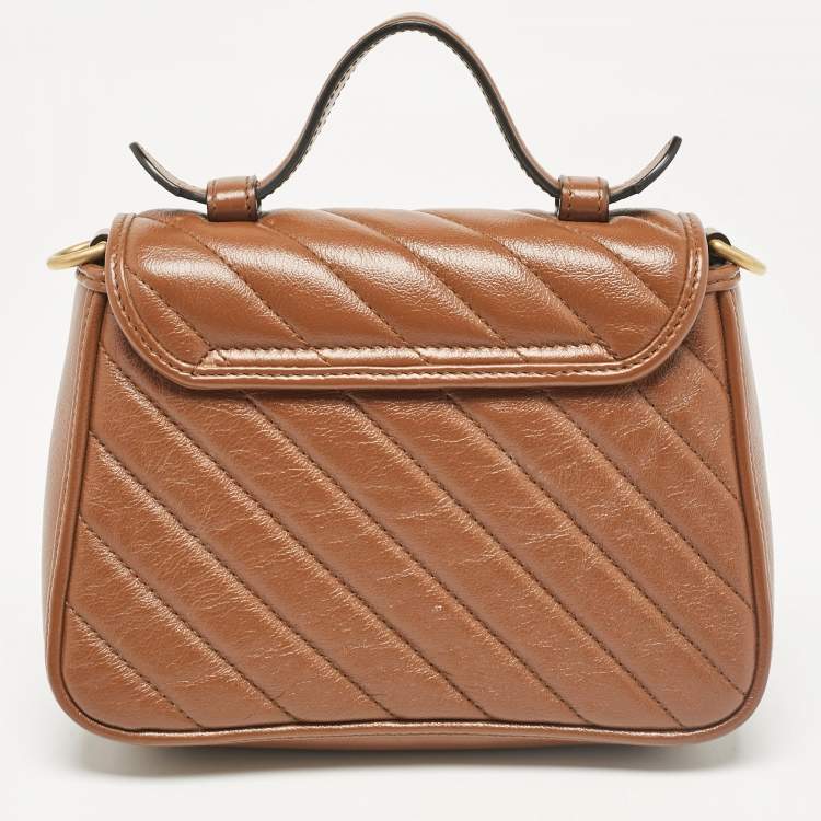Pre Owned Gucci Brown Matelassé Leather Mini GG Marmont Top Handle Bag