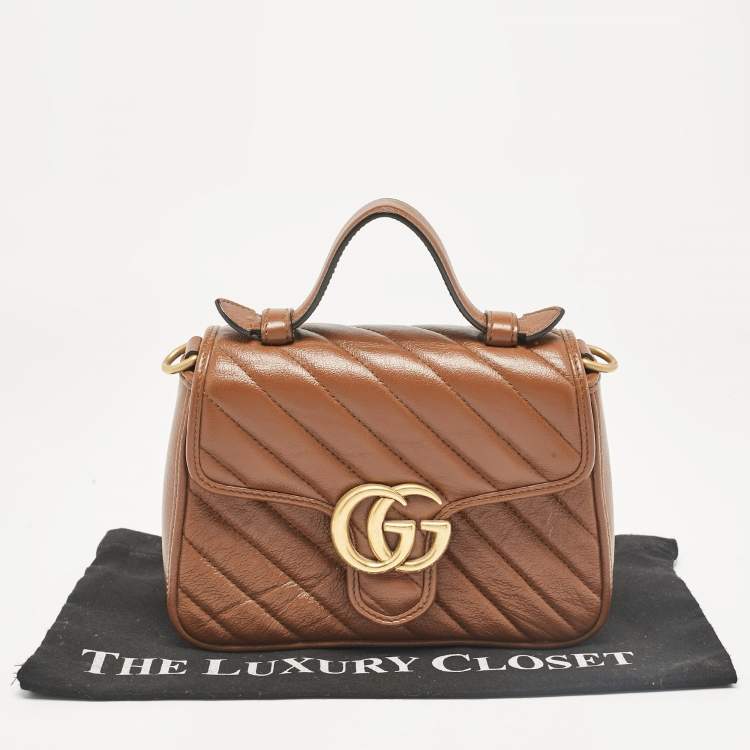 Pre Owned Gucci Brown Matelassé Leather Mini GG Marmont Top Handle Bag