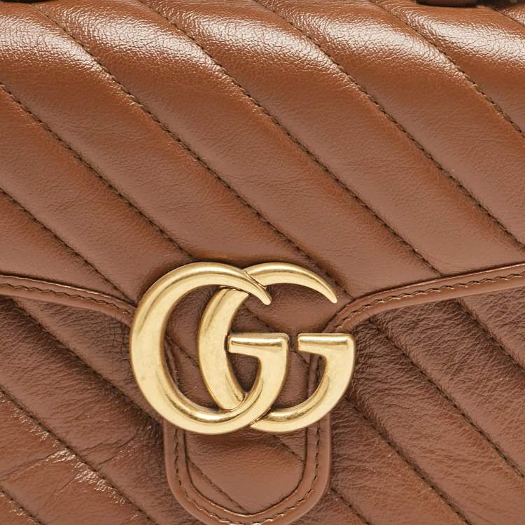 Pre Owned Gucci Brown Matelassé Leather Mini GG Marmont Top Handle Bag