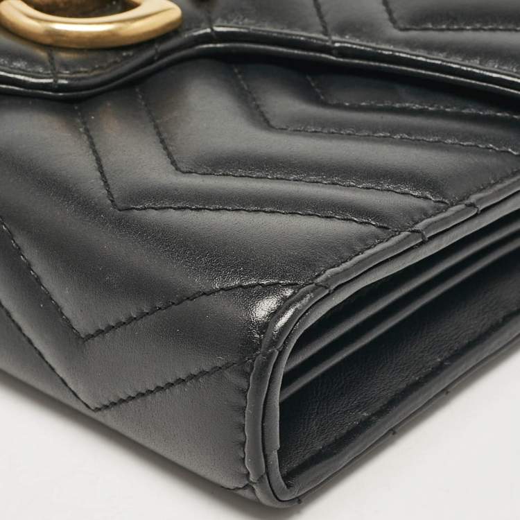 Pre Owned Gucci Black Matelassé Leather GG Marmont Wallet On Chain