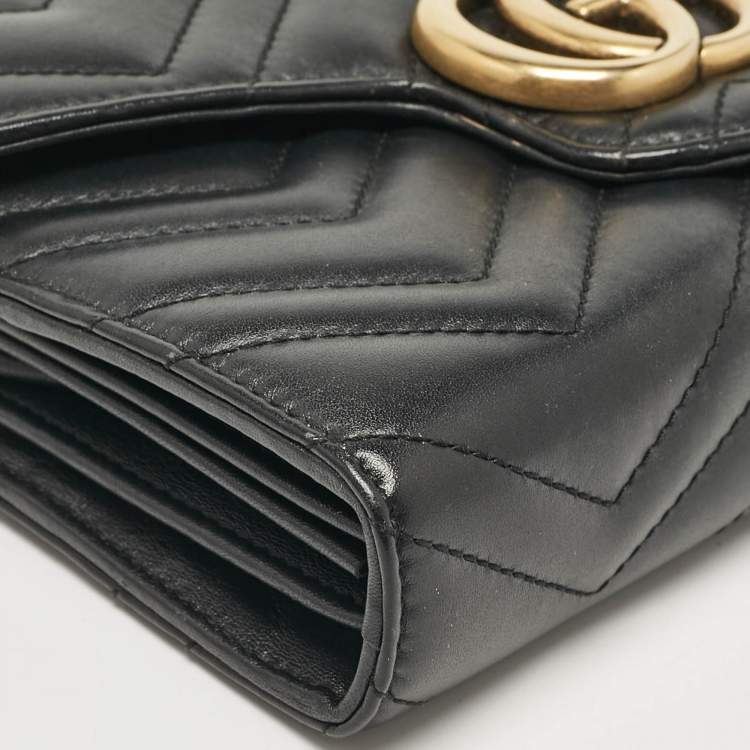 Pre Owned Gucci Black Matelassé Leather GG Marmont Wallet On Chain