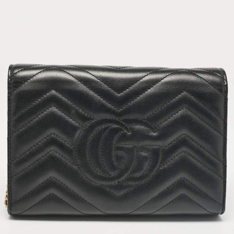Pre Owned Gucci Black Matelassé Leather GG Marmont Wallet On Chain