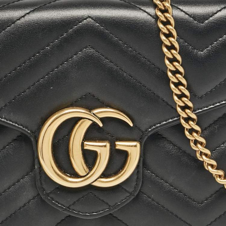 Pre Owned Gucci Black Matelassé Leather GG Marmont Wallet On Chain