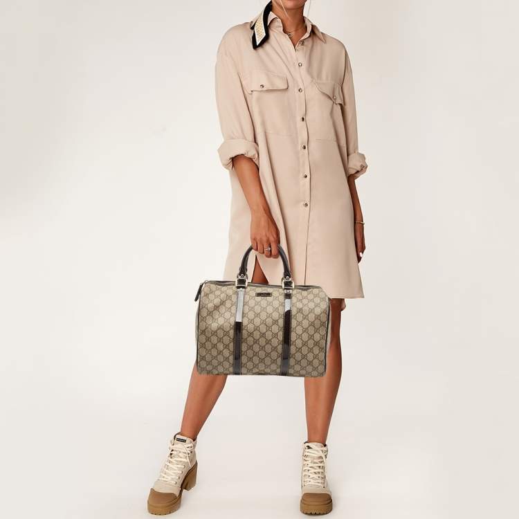 Pre Owned Gucci Dark Brown/Beige GG Supreme Canvas Medium Joy Boston Bag
