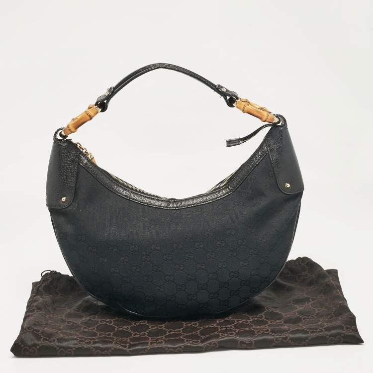 Pre Owned Gucci Black GG Canvas and Leather Bamboo Ring Hobo