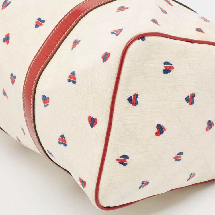 Pre Owned Gucci Red/White Heart Print GG Canvas and Leather Joy Boston Bag 