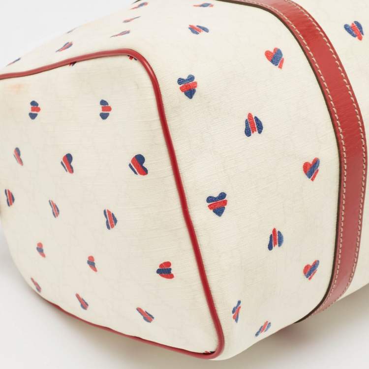 Pre Owned Gucci Red/White Heart Print GG Canvas and Leather Joy Boston Bag 