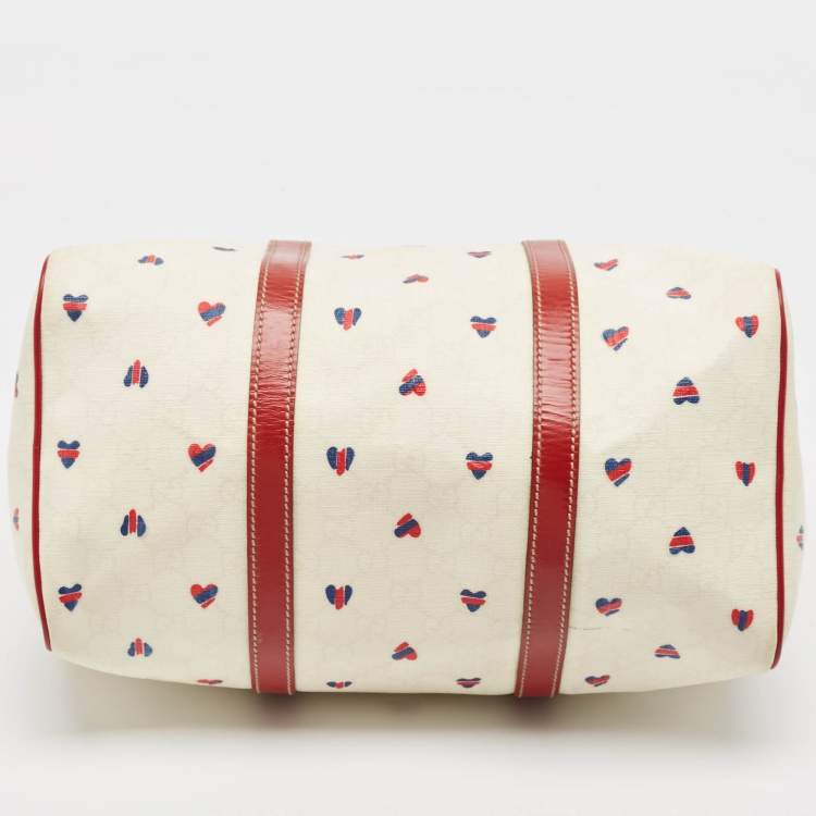 Pre Owned Gucci Red/White Heart Print GG Canvas and Leather Joy Boston Bag 
