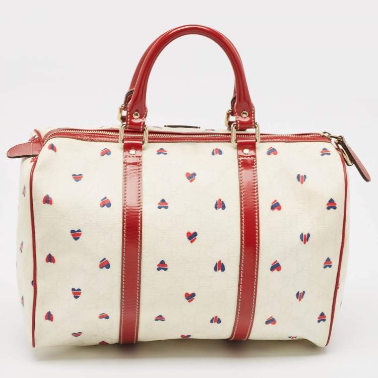 Pre Owned Gucci Red/White Heart Print GG Canvas and Leather Joy Boston Bag 
