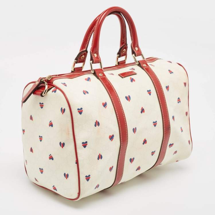 Pre Owned Gucci Red/White Heart Print GG Canvas and Leather Joy Boston Bag 