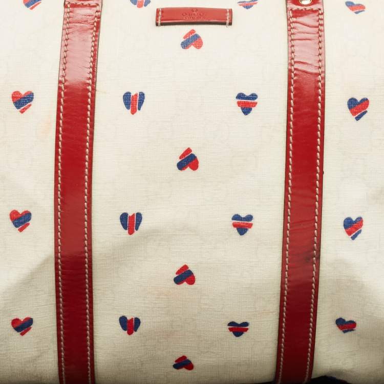 Pre Owned Gucci Red/White Heart Print GG Canvas and Leather Joy Boston Bag 