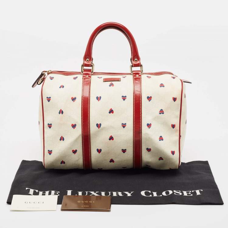 Pre Owned Gucci Red/White Heart Print GG Canvas and Leather Joy Boston Bag 