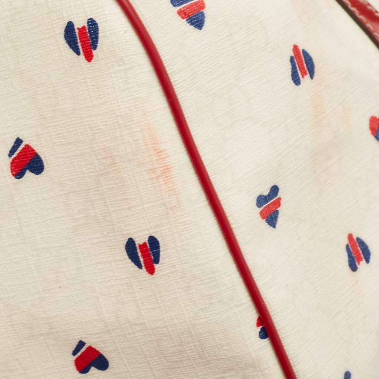 Pre Owned Gucci Red/White Heart Print GG Canvas and Leather Joy Boston Bag 