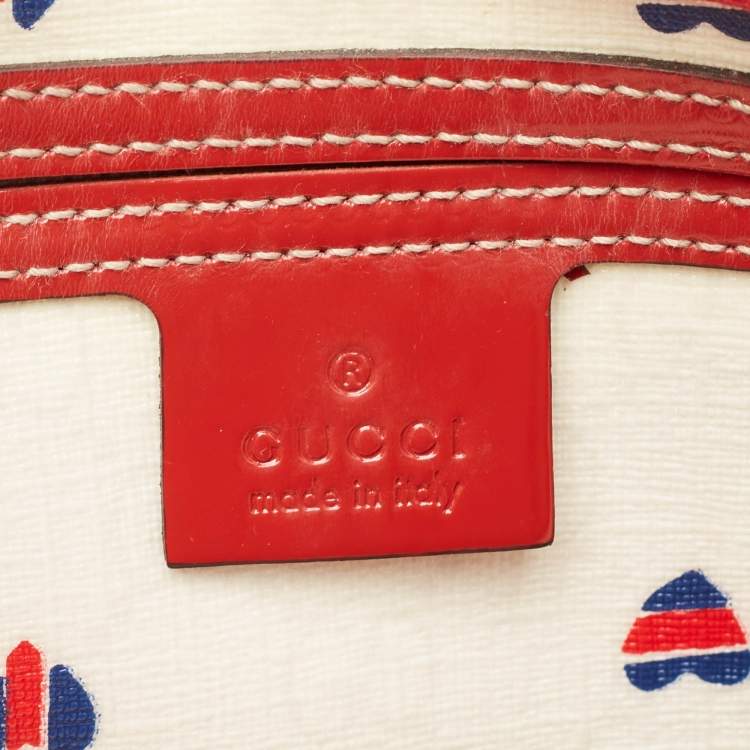 Pre Owned Gucci Red/White Heart Print GG Canvas and Leather Joy Boston Bag 