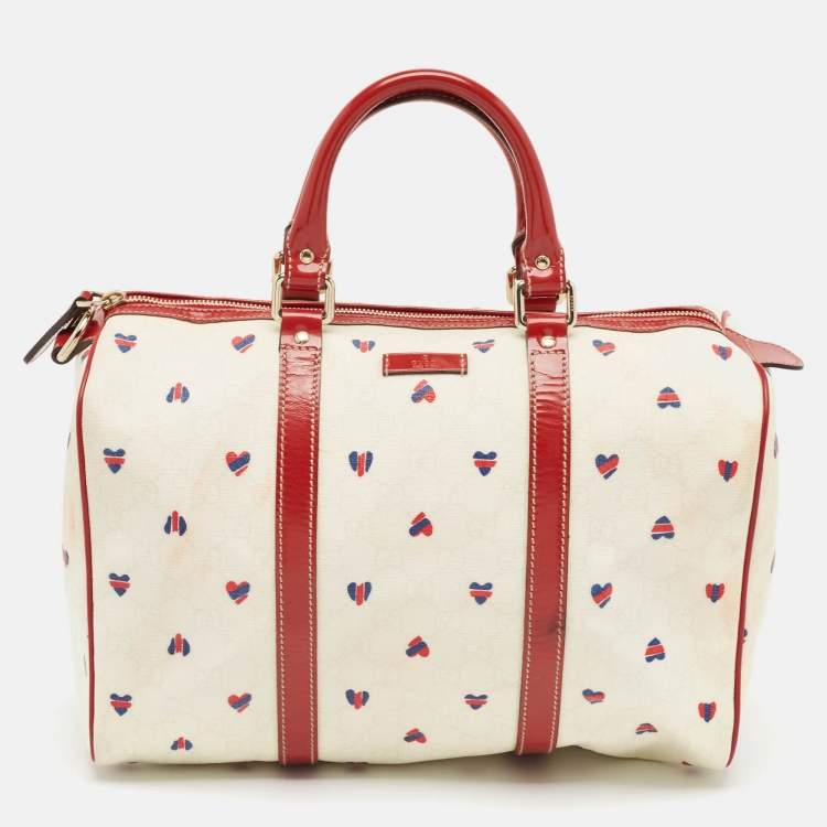 Pre Owned Gucci Red/White Heart Print GG Canvas and Leather Joy Boston Bag 