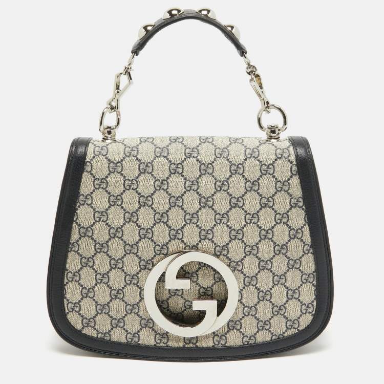 Pre Owned Gucci Navy Blue/Beige GG Supreme Canvas and Leather Blondie Top Handle Bag