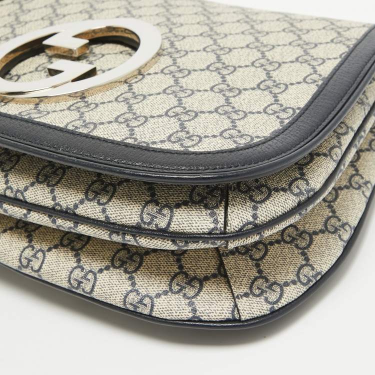 Pre Owned Gucci Navy Blue/Beige GG Supreme Canvas and Leather Blondie Top Handle Bag