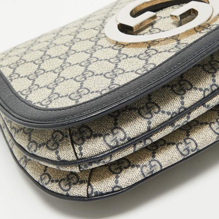 Pre Owned Gucci Navy Blue/Beige GG Supreme Canvas and Leather Blondie Top Handle Bag
