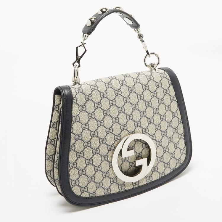 Pre Owned Gucci Navy Blue/Beige GG Supreme Canvas and Leather Blondie Top Handle Bag